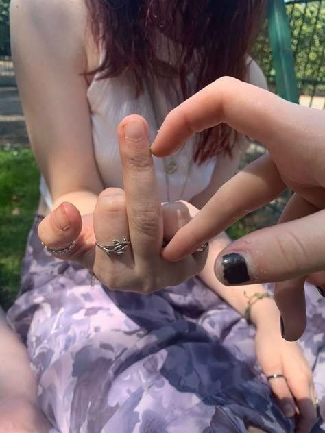 Gen Z Couple Aesthetic, Nonbinary Relationship Aesthetic, Nonbinary Love Aesthetic, Lesbian Rings Hands, Wlw Rings, Wlw Hand Placement, Heart Hands Aesthetic, Middle Finger Pose, Heart Hands Pose