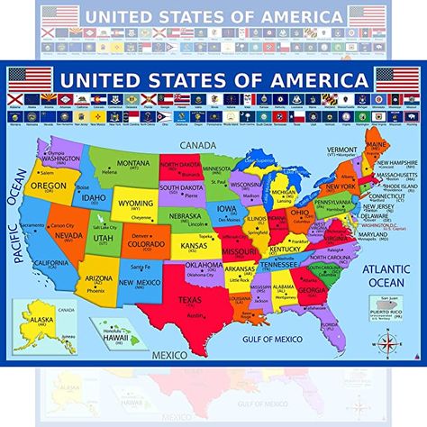 United States Map with State Flags Poster - Laminated 14x19.5 in. - Educational Poster, USA Map for Kids, Elementary Classroom Decorations, and Teacher Supplies : Office Products Washington Lakes, States And Capitals, Maps For Kids, Elementary Classroom Decor, Educational Poster, United States Map, Teacher Supplies, Usa Map, Education Poster