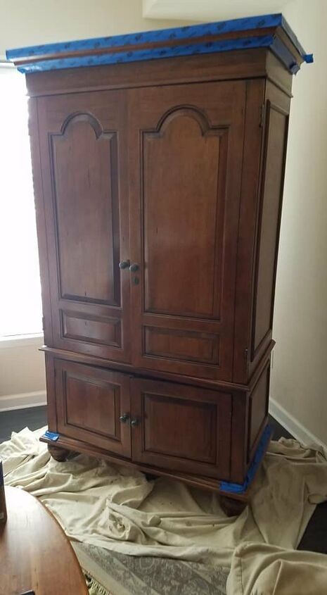 How to Paint an Armoire Renovation DIY | Hometalk Farmhouse Armoire Makeover, Painting Armoire Ideas, Armoire Bar Repurposed, Armoire To Pantry, Repurpose Tv Armoire, Painted Armoire Ideas, Refinished Armoire, Armoire Makeover Ideas, Painted Armoires