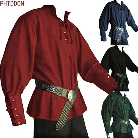 1.3US $ 92% OFF|Mens Medieval Shirts Poet's Renaissance Costume Pirate Captain Lace Up Ruffle Tops Sand Collar Shirt| | - AliExpress Medieval Shirt, Moda Steampunk, Pirate Cosplay, Costume Noir, Pirate Shirts, Laced Up Shirt, Medieval Costume, Medieval Clothing, Costume Outfits