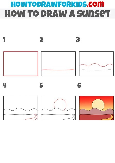 Sunset Drawings, Sunset Drawing Easy, Easy Step By Step Painting, Sunset Tutorial, Directed Drawing Kindergarten, Landscape Drawing Tutorial, Sunset Drawing, Drawing Easy Step By Step, Drawings With Meaning