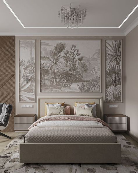 Moulding With Wallpaper Bedroom, Bedroom Inspo Wallpaper, Bed Back Wallpaper, Framed Wallpaper Panels Bedroom, Bed Dressing Ideas, Feminine Bedroom Design, Royal Bedroom Design, Wall Molding Design, Interior Design Showroom