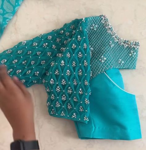 Gown Blouse Designs Latest, Bridal Blouse Designs Puff Sleeves, Simple Blouse Work Designs Embroidery, Net Blouse Hand Designs Pattern, Netted Aari Work Blouse Design, Sleeves Aari Work Design, Ariwork Blouse Designs, Aari Work Net Blouse, Cut Work Blouse Designs Pattern