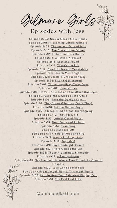 A list of Jess Mariano episodes. Best Jess And Rory Episodes, Best Rory And Jess Episodes, Gilmore Girls Winter Episodes, Jess Mariano Poster, Rory And Jess Episodes, Jess Mariano Book List, Best Gilmore Girls Episodes List, Gilmore Girls Movie List, Gilmore Girls Episodes To Watch When