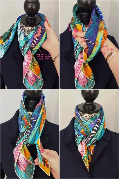 Square Scarf How To Wear A, Hermes Scarf Tying, Hermes Scarf Outfit, How To Fold Scarf, Tying A Scarf, Ways To Tie Scarves, Tie Scarves, Tie A Scarf, Diy Fashion Scarf