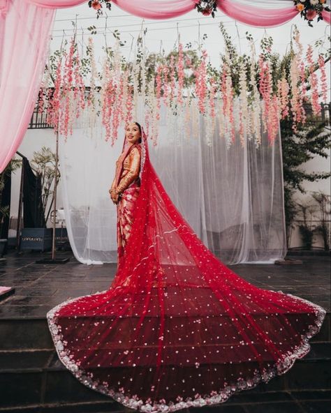 Nepali bride in gorgeous red sari Nepali Bride Dresses, Nepali Wedding Aesthetic, Nepali Bridal Saree, Nepali Bride Wedding Nepal, Nepali Wedding Dress, Nepali Bride, Nepali Wedding, Red Saree Wedding, Red Veil