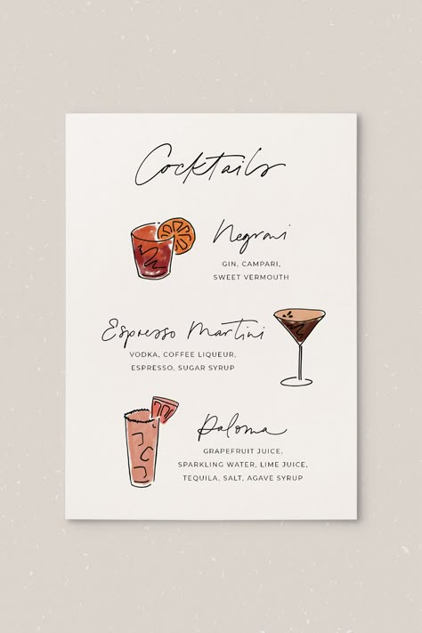 Party Drink Menu Ideas, Drink Menu Aesthetic, Wedding Drink Menu Ideas, Cocktail Menu Aesthetic, Cocktail Menu Design Ideas, Menu Design Cocktail, Drinks Menu Design, Creative Cocktail Menu Design, Cocktail Menu Wedding Bar Ideas