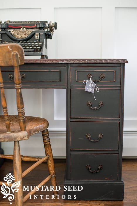 Black Desk Makeover, Black Milk Paint Furniture, Painted Desks Ideas Colors, Vintage Desk Makeover, Typewriter Desk, Milk Paint Furniture, Black Painted Furniture, Salvaged Inspirations, Kids Desk