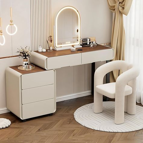 Vanity Desk - Modern Vanity Table with Drawer & Smart LED Makeup Mirror, Solid Wood Bedroom Vanity Set, Including Makeup Chair Stylish Dressing Table, Model Bedroom, Modern Vanity Table, Bedroom Vanity Set, Makeup Chair, Girl Bedrooms, Dressing Table Design, Bedroom Dressing Table, Led Makeup Mirror