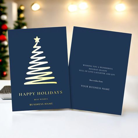 A sophisticated, contemporary corporate holiday card featuring a sleek foil overlay Christmas tree on a navy blue backdrop. The greeting and company name can be customized to perfectly reflect your business. An elegant and polished design that will make a lasting impression this holiday season!⁠ #zazzlemade #business #christmascards #editabletemplate #minimaldesigns #xmas #moderncards Corporate Christmas Card Design Ideas, Corporate Greeting Card, Company Christmas Card Design, Company Christmas Card Ideas, Christmas Card Corporate, Corporate Christmas Card Design, Season Greetings Card Design, Christmas Cards Design Graphics, Christmas Postcard Design