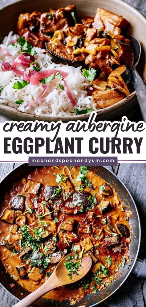 Need a comfort food idea? Satisfy your craving with this main dish for dinner! Made with coconut milk, this Aubergine Curry is super creamy and delicious while being vegan and gluten-free. You can even serve this eggplant curry as an easy side dish recipe! Eggplant And Broccoli Recipes, Aubergine Curry Coconut Milk, Eggplant Coconut Milk, Potato Eggplant Recipe, Eggplant Over Rice, Coconut Milk Recipes Vegetarian, Eggplant Coconut Curry, Wfpb Eggplant Recipes, Eggplant And Carrot Recipes