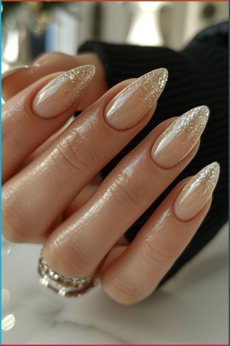 Gliterry Nails Design French Tip, Gold And White New Years Nails, Winter Tip Nails, Ombre Nails Brown And White, New Years Nails Oval Shape, Champagne Glass Nails Designs, New Yrs Nails Almond, Neutral Winter Nails With Design, Cool Neutral Nails