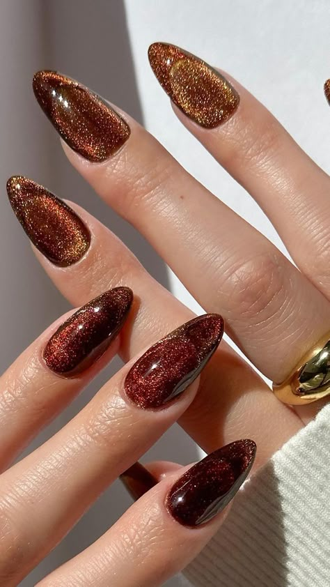 13 Velvet Nail Ideas For the Most Sumptuous Autumn Mani Shimmery Fall Nails, Fall No Chip Nail Designs, Christmas Thanksgiving Nails, Velvet Nails Fall, Fall Nails Cateye, Fall Color Chrome Nails, Thanks Nails Thanksgiving, Burgundy Velvet Nails, Brown And Copper Nails