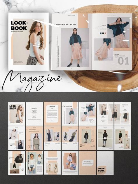 Lookbook Layout Fashion Look Books, Fashion Catalogue Design Layout, Fashion Lookbook Design, Booklet Cover Design, Packing Idea, Catalogue Design Templates, Catalog Design Layout, Kids Catalogs, Fashion Website Design