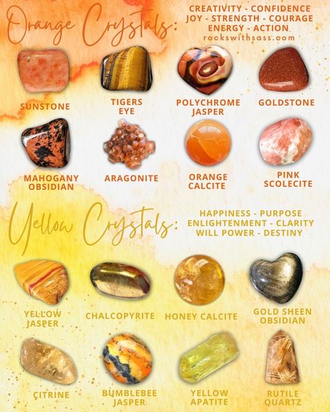 Crystal Identification, Gemstones Chart, Crystal Healing Chart, Yellow Crystals, Crystal Aesthetic, Psychic Development, Crystals Healing Properties, Spiritual Crystals, Orange Stone