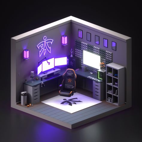 Small Game Rooms, Computer Gaming Room, 3d Room, Pc Gaming Setup, Video Game Room Design, Video Game Rooms, Geek Decor, Isometric Art, Bedroom Setup