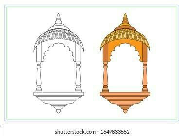 Jharokha Illustration, Window Frame Drawing, Rajasthani Window, Temple Drawing Indian, Mughal Illustration, Temple Drawing Indian Simple, Front Window Design, Wedding Initials Logo, Drawing Indian