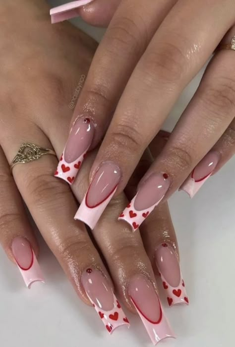 Nail Inspo Girly, Red Initial Nails, Nail Ideas With Hearts, Cute Nail Ideas Pink, French Tips Designs, Red Gel X Nails, Valentin Nails Designs Love, I Heart Me Nails, Square Nail Ideas