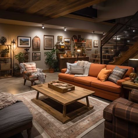 7+ Creative Ideas to Turn Your Basement into a Cozy Living Room • 333+ Images • [ArtFacade] Basement Colors, Rustic Family Room, Rustic Basement, Basement Inspiration, Basement Living Rooms, Cozy Basement, Basement Family Room, Wall Niche, Basement Apartment