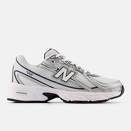 White New Balance, Running Silhouette, Navy Accents, Knit Mesh, Sports Trainers, New Balance Sneakers, New Balance Men, Retro Sneakers, Metallic Bag