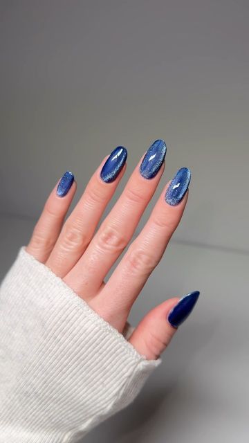 Amina on Instagram: "💙🐟🦋🔵🌀  using @gelcare.official  Sapphire   Gelcare discount code AMINA to save 15% off   link to the cat eye powder: https://amzn.to/3zVgnJr  #diynails #cateyenails #diycateyenails #nailartist" Navy Cat Eye Nails, Navy Blue Cat Eye Nails, Eye Cat Nails Design, Cat Eye Blue Nails, Dark Blue Cat Eye Nails, Blue Cat Eye Nails Design, Light Blue Cat Eye Nails, Blue Nails Cat Eye, Dark Cat Eye Nails