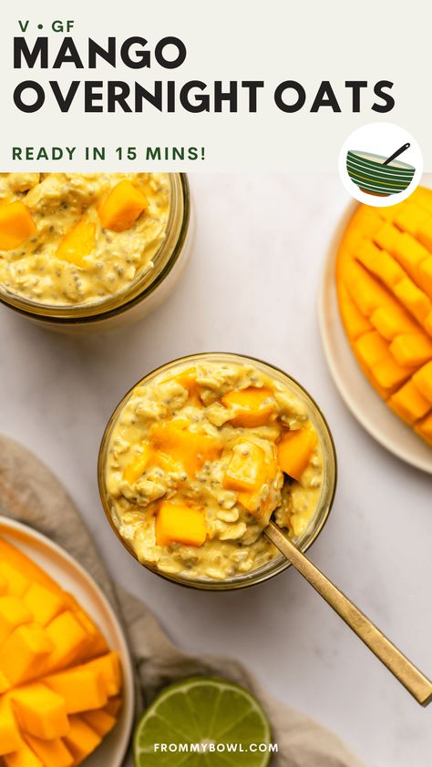 Mango Overnight Oats are a tropical twist on the classic overnight oats recipe. Infused with fresh mango, coconut, lime and nutritious chia seeds. Vegan, Gluten-Free, Refined Sugar-Free. Mango Overnight Oats, Wfpb Breakfast, Strawberry Overnight Oats, Overnight Oatmeal Recipes, Chia Recipe, Healthy Food Menu, Baked Oatmeal Recipes, Breakfast Goodies, Overnight Oatmeal