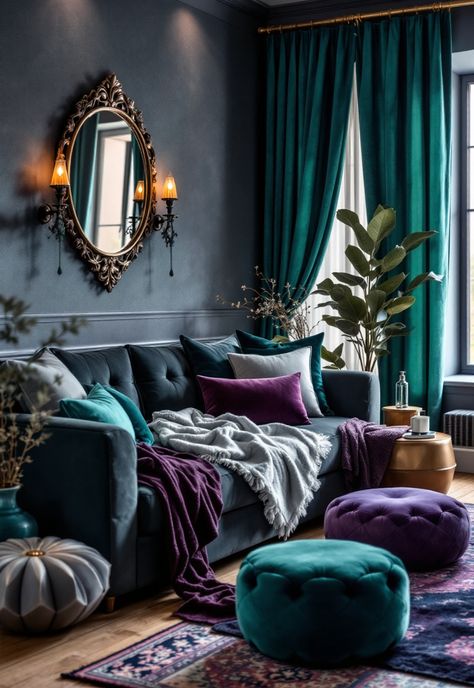 Dark Grey Couch Living Room Grey And Lavender Living Room, Purple Couch Living Room, Jewel Tones Living Room, Grey And Purple Living Room, Dark Purple Living Room, Lavender Living Room, Charcoal Couch, Jewel Tone Living Room, Grey Couch Living Room Ideas