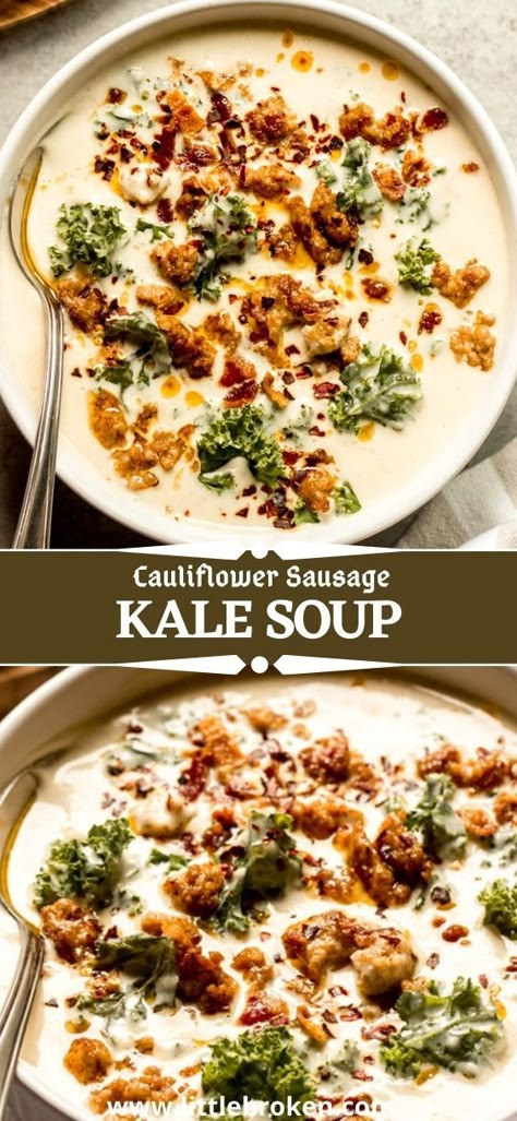 Cauliflower Sausage, Sausage Kale Soup, Soup With Sausage, Sausage And Kale Soup, Sausage Kale, Creamy Cauliflower Soup, Fall Dinners, 2024 Recipes, Creamy Cauliflower