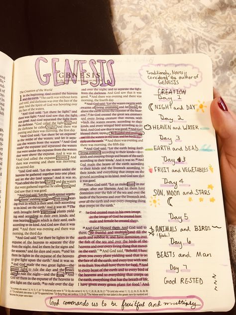 Genesis 1 1 Art Journaling, Bible Notes Ideas Notebooks Genesis, Niv Journal The Word Bible, Bible Doodling Genesis, Genesis 1:3 Bible Journaling, Bible Genesis Notes, Genesis Highlighting, Bible Notes On Genesis, Best Bibles To Write In