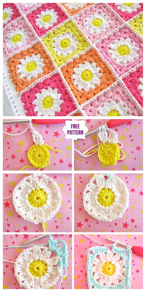 Crochet Daisy Flower, Crochet Flower Granny Square Pattern, Beginners Crochet Patterns, Motifs Granny Square, Crochet Flower Squares, Crochet Flower Blanket, Granny Square Crochet Patterns Free, Mode Crochet, Crochet Daisy