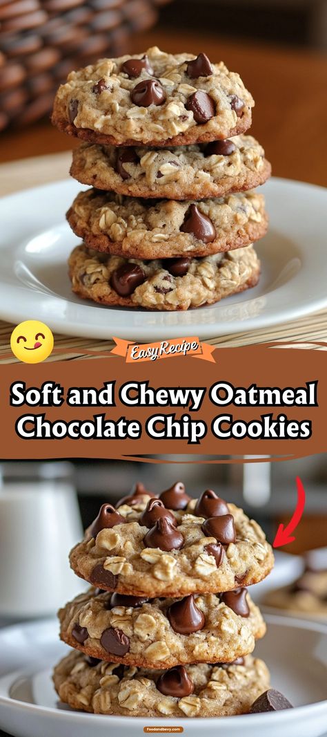 Experience the wholesome goodness of Soft and Chewy Oatmeal Chocolate Chip Cookies. These hearty cookies combine oats and chocolate chips for a comforting treat that feels like home. #OatmealCookies #ChewyCookies #HomeBaked Soft And Chewy Oatmeal Chocolate Chip, No Chill Oatmeal Chocolate Chip Cookies, Soft Baked Oatmeal Cookies, Cho Chip Oatmeal Cookies, Oats And Chocolate Chip Cookies, Chocolate Oatmeal Cookies Recipe, Choco Chip Oatmeal Cookies, Quick Oatmeal Chocolate Chip Cookies, Oatmeal Chip Cookies Recipe