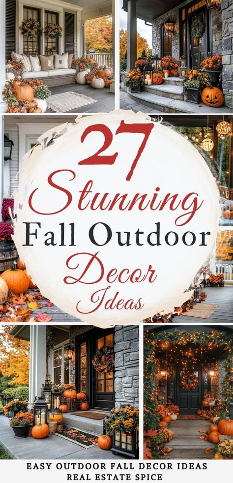 Transform your porch, patio, or any outdoor area into a stunning space with my top fall outdoor decorating ideas and styling tips. I show you how to use seasonal flowers and rich foliage to add color and warmth. Discover creative ways to incorporate lanterns, candles, and string lights to enhance the ambiance. From planters to pathways, every detail is covered for fall beauty. Be inspired and create a stunning fall space you and your guests will love! RealEstateSpice.com #FallDecoratingIdeas Fall Deck, Fall Patio, Outdoor Fall Decor Ideas, Outdoor Fall Decor, Fall Front Door Decor, Outdoor Decor Ideas, Pumpkin Display, Fall Front Porch Decor, Fall Decor Ideas