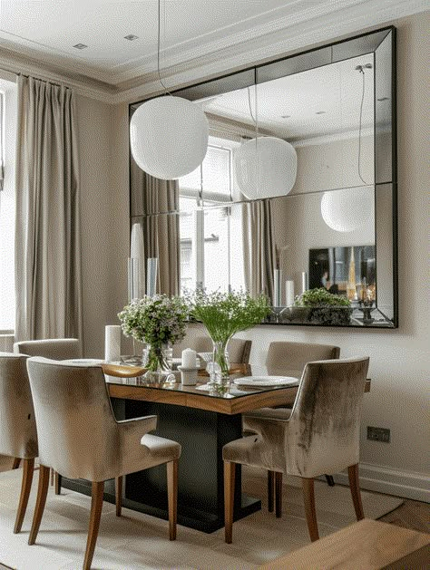 Should You Put A Mirror In The Dining Room? [Here's How] Dining Table With Mirror Wall, Dining Table With Living Room, Mirror Wall Decor Diningroom, Dining Room Mirror Wall Ideas, Large Mirrors In Dining Room Wall, Casual Formal Dining Room, Big Dining Room Decor, Mirror Wall In Dining Area, Mirror In The Dining Room