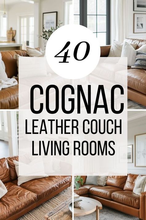 Explore 40 stunning ways to style your living room with a cognac leather couch. From chic and modern to warm and cozy, find the perfect look for your space and get inspired by the timeless elegance of cognac leather. Yellow Grey And Black Living Room, Leather And Rattan Living Room, Orange Brown Leather Couch, Coffee Table For Leather Sectional, Leather Couch Cabin Living Room, Leather Sectionals For Large Living Rooms, Modern Farmhouse Leather Sectional, Styled Leather Couch, Home Couch Ideas