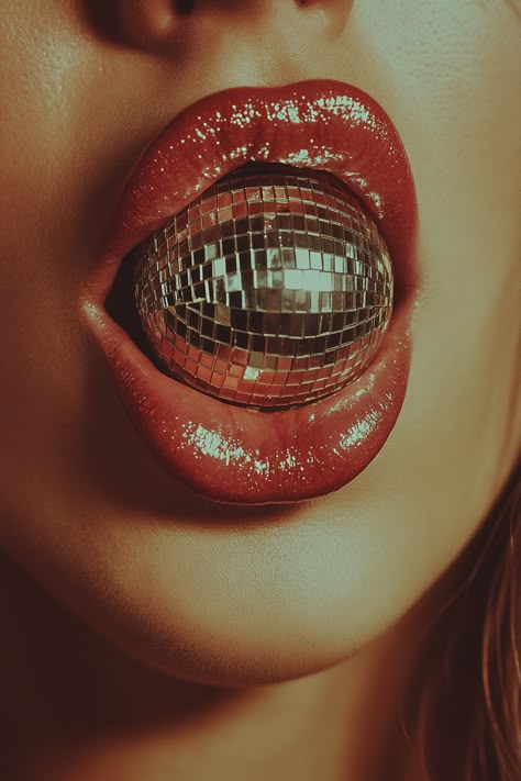 ✨🎤 Dive into the vibrant world of retro vibes with this stunning album cover! 🎶💃 The close-up of a singer's mouth, featuring a tiny disco ball resting on her tongue, perfectly captures that playful, fearless spirit of vintage music. 🌟🎉 Embrace the nostalgia and let the music take you on a journey! 💖✨ #VintageStyle #MusicMagic #DiscoVibes #RetroAlbumCover... Poster Vintage Retro Music, Disco Ball Artwork, Vintage Disco Poster, Vintage Disco Ball Aesthetic, Disco Ball Photography, Retro Music Aesthetic, Retro Disco Aesthetic, Tiny Disco Ball, Music Cover Ideas