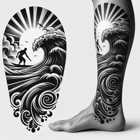 Animal Henna Designs, Leg Tattoo Ideas For Men, Geometric Tattoo Leg, Calf Tattoo Men, Best Leg Tattoos, Surf Tattoo, Leg Tattoo Ideas, Full Sleeve Tattoo Design, Graffiti Tattoo