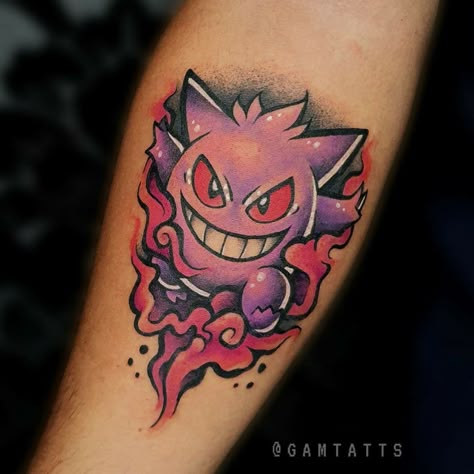 Watercolour Pokemon, Pokemon Tattoo Ideas, Gengar Tattoo, Pikachu Tattoo, Pokemon Tattoos, Salvation Tattoo, Abstract Art Tattoo, Gamer Tattoos, Gengar Pokemon