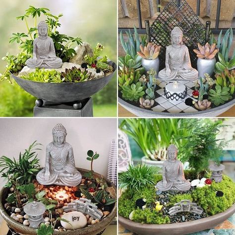 Zen Garden Centerpiece, Buddha In Garden Ideas, Mini Buddha Garden, Zen Garden Diy Miniature, Buddha Alter Ideas, Zen Diy Decor, Japanese Fairy Garden, Small Zen Garden Ideas Indoor, Zen Garden Indoor Design