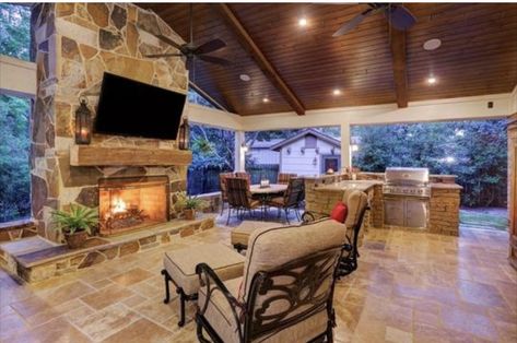 Simple Fireplace, Tall Fireplace, Covered Patio Design, Cabin Fireplace, Living Pool, Outdoor Kitchen Bars, Shiplap Fireplace, Enclosed Patio, Backyard Pavilion