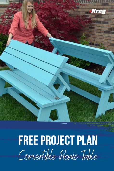 Build a Convertible Picnic Table and Bench Folding Picnic Table Plans, Diy Picnic Table, Picnic Table Plans, Picnic Table Bench, End Tables Diy, Folding Picnic Table, Garden Benches, Funky Painted Furniture Diy, Painted Furniture Diy