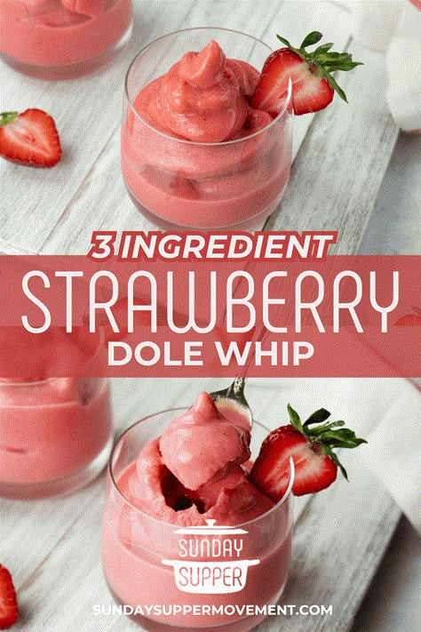 Fresh and flavorful Strawberry Dole Whip is just minutes away using only 3 simple ingredients! You are sure to love the flavor of this easy strawberry whip. via @thesundaysupper 3 Ingredient Dole Whip Recipe, Smoothies In Food Processor, Reddi Whip Recipes, Easy Snack Recipes For Work, Cold Things To Eat In Summer, Dole Strawberry Whip, Sweet Summer Desserts, Cool Whip Fruit Desserts, Homemade Summer Treats