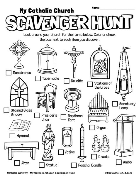 Catholic Scavenger Hunt for Kids - Free Printable - TheCatholicKid.com Church Scavenger Hunt, Catholic Kids Activities, Religion Activities, Catholic Schools Week, Catholic Sacraments, Bible Worksheets, Children Church, Catholic Education, Teaching Second Grade