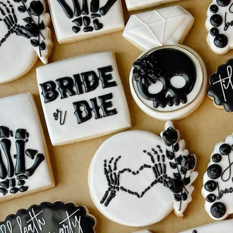 Laurel Fleming on Instagram: "𝔅𝔯𝔦𝔡𝔢 𝔬𝔯 𝔇𝔦𝔢 🖤💍 . . . #brideordie #brideordiecookies #tilldeathdousparty #deathcookies #bridalshowercookies #misstomrscookies #futuremrscookies #bridetobe #weddingszn #bridecookies #bridalcookies #misstomrs #bachelorette #bachelorettecookies #cookiedecorating #royalicingcookies #bakery #decoratedsugarcookies #decoratedcookies #sugarcookiemarketing #lousianabaker #sugarcookies #cookiesofinstagram #smallbusiness #cookieartist #talentedcookiers" Bride Or Die Cookies, Bride Or Die Bridal Shower Ideas, Goth Bachelorette Party Ideas, Bride Or Die Bachelorette Parties, Rip Single Life Bachelorette, Bride Or Die Bachelorette Theme, Black Bachelorette Party, Bride Cookies, Bride Or Die