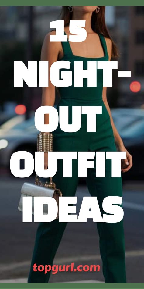 15 night-out outfit ideas; woman in a stylish green jumpsuit holding a metallic clutch. Outfit Ideas For Night Out Casual, Going Out Over 40 Outfit, Outfit Ideas For Game Night, 2024 Night Out Outfit, How To Dress A Jumpsuit Outfit Ideas, Woman Night Out Outfit, Non Dress Party Outfit, Pub Attire Women, Casual Chic Night Out Outfit