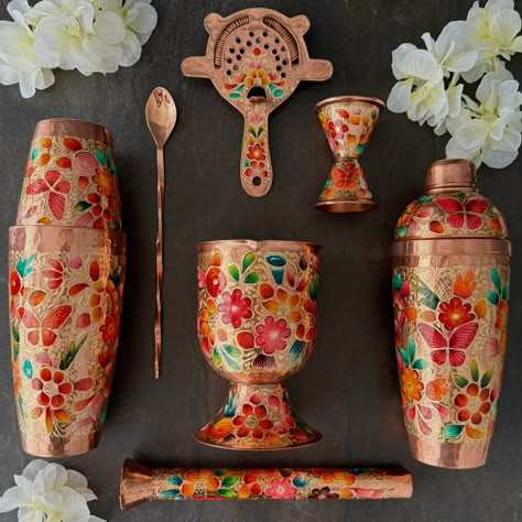 **IMPORTANT INFORMATION TO CONSIDER BEFORE ORDERING: PRODUCTS ARE 100% HANDMADE, THEREFORE, ALLOW 20 DAYS FOR PRODUCTION PER PRODUCT MENTIONED ON "PRODUCT PAGE" OF ITEM WITH TENTATIVE SHIPPING AFTER DEADLINE DATE. DEADLINE TO ORDER: 9/30/24 Mexican Handmade Copper Barware & Bar Tools- LYYE Flowers Discover the ultimate Mexican artisan copper bar set tools—a must-have for the best bartending cocktails. Hand-hammered, hand-painted, and hand-engraved by skilled Mexican artisans, this set is a true Mexican Cups For Drinks, Mexican Colors Kitchen, Clase Azul Bottle Decor, Mexican Wedding Gifts, Mexican Style Plates, Unique Mexican Food, Mexican Bar Decor, Mexican Artisan Decor, Mexican Kitchen Decor Ideas Hacienda Style