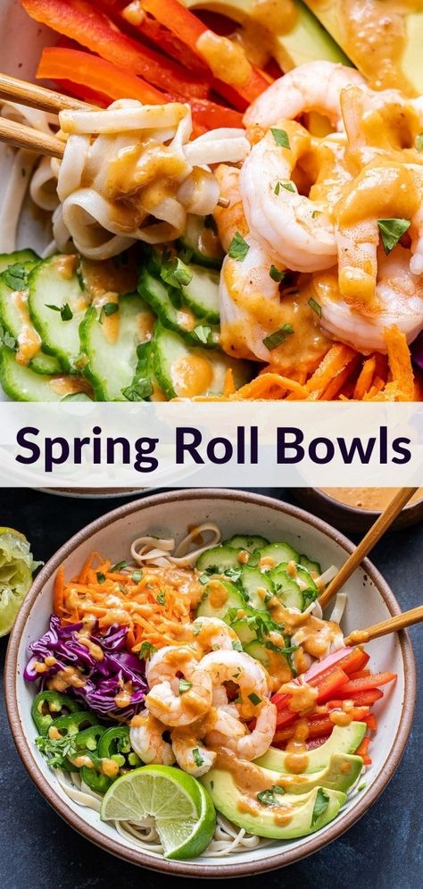 Spring Roll Bowls, Healthy Bowls Recipes, Healthy Bowls, Spring Roll, Peanut Sauce, Asian Cooking, Fresh Veggies, Rice Noodles, Asian Dishes