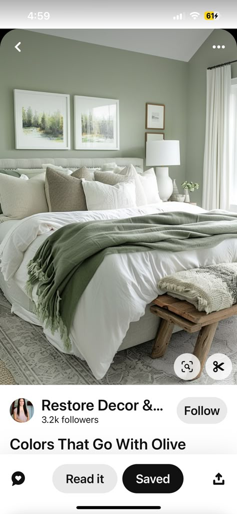 White And Sage Green Bedding, White Comforter With Green Accents, Light Green And Beige Bedroom, White Bedding Green Accents, White Grey And Green Bedroom, Bedroom Inspirations Master Sage Green Colour, Sage Green And Red Bedroom, Olive And Grey Bedroom, Grey And Sage Green Bedroom