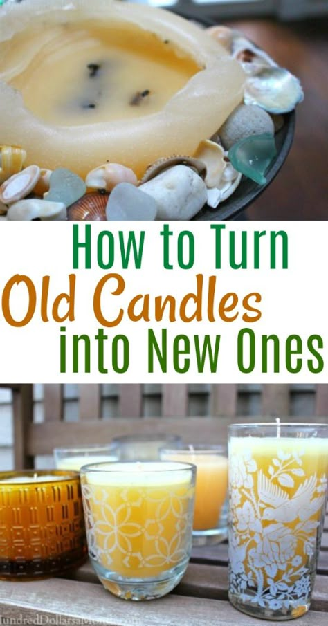 How to Turn Your Old Candles into New Ones - One Hundred Dollars a Month Diy Candles From Old Candles, Candles From Old Candles, Candles Melting, Homemade Candle Recipes, Candle Reuse, Recycle Candles, Candle Making For Beginners, Candle Making Recipes, Candle Recipes