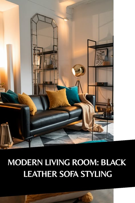 Modern living room with black leather sofa, vibrant cushions, and sleek decor. Black Leather Sofa Living Room Ideas, Living Room Black Leather Sofa, Leather Sofa Styling, Black Leather Sofa Living Room Decor, Leather Sofa Living Room Decor, Black Leather Sofa Living, Black Leather Sofa Living Room, Black Leather Couch Living Room, Living Room Colour Ideas