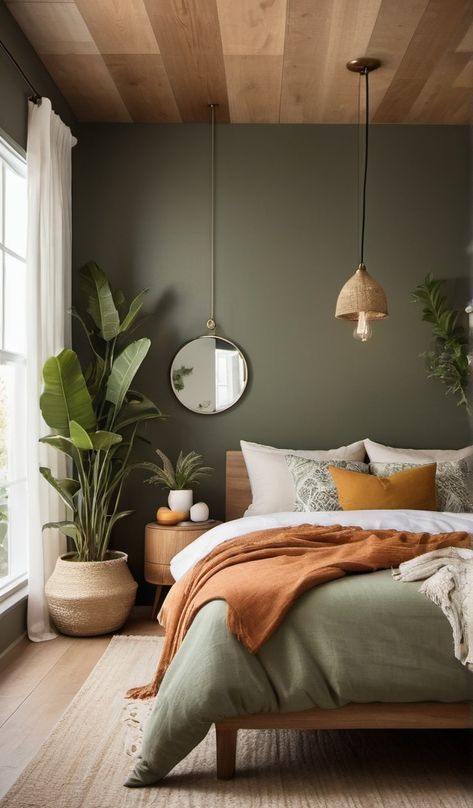 Modern Bedroom Green Bedding, Green Wood Room Aesthetic, Bedroom Inspirations Dark Green, Green Accent Bedroom Ideas, Plant Corner Bedroom, Sage Green Guest Bedroom, Forest Green Room Ideas Bedroom, Brown And Green Bedroom Ideas, Calm Green Bedroom